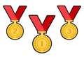 Set of gold award medals with red ribbons. Vector Royalty Free Stock Photo