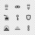 Set Gold bars, Shield, Chain link, Old key, Garden light lamp, Horseshoe, Welding glasses and Anvil and hammer icon