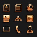 Set Gold bars, Telephone handset, Man with headset, Safe, Laptop and Phone book icon. Vector Royalty Free Stock Photo