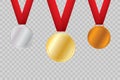 Set of gold, bronze and silver. Award medals isolated on transparent background. Vector illustration of winner concept Royalty Free Stock Photo