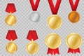 Set of gold, bronze and silver. Award medals isolated on transparent background. Vector illustration of winner concept Royalty Free Stock Photo