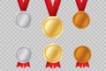 Set of gold, bronze and silver. Award medals isolated on transparent background. Vector illustration of winner concept Royalty Free Stock Photo