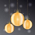 Set of Gold Christmas balls with line bow. Holiday christmas toy for fir tree. Ball with light effe Royalty Free Stock Photo