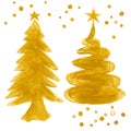 Set of gold Christmas trees with star and snowfall. Confetti Gold Christmas tree watercolor illustration isolated on white backgro Royalty Free Stock Photo