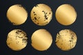 Set of gold circles, grunge, grain, dirty brush strokes. Grungy effect, golden creative elements for your design.