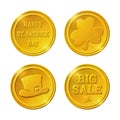 Set of gold coins with clover and hat Royalty Free Stock Photo