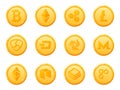 Set of 12 gold coins crypto currency icon. Top digital electronic currency by market capitalization. Royalty Free Stock Photo