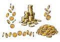 Set of gold coins in different positions in sketch style. Falling dollars, pile of cash, stack of money. Vector. Royalty Free Stock Photo