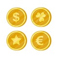 Set of gold coins. Dollar, euro, star, clover. Vector flat illustration on white background Royalty Free Stock Photo