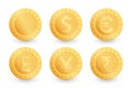 Set of gold coins. Dollar, Euro, Yen, Pound, Rupee sterling. Gold coin isolated on white background. Vector illustration Royalty Free Stock Photo