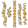 Set of gold coins falling in different perspective, angles, directions in sketch style. Dropping dollars, pile of cash Royalty Free Stock Photo