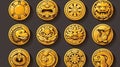 A set of gold coins with Mayan or Aztec tribal animals and idols. Ui game assets, Mexican mesoamerican ethnic money