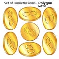 Set of gold coins Polygon MATIC in isometric view isolated on white. Royalty Free Stock Photo
