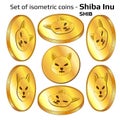 Set of gold coins Shiba Inu SHIB in isometric view isolated on white.