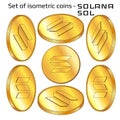 Set of gold coins Solana SOL in isometric view isolated on white.
