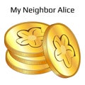 Set of gold coins in stack My Neighbor Alice in isometric view isolated on white.