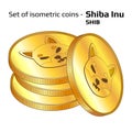 Set of gold coins in stack Shiba Inu SHIB in isometric view isolated on white.