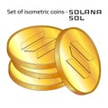 Set of gold coins in stack Solana SOL in isometric view isolated on white.