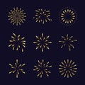 Set of gold color fireworks different style. Design element for new year festival and celebrations. Royalty Free Stock Photo