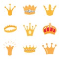 Set of gold crown icons. Vector isolated elements for logo, label, game, hotel, an app design. Royal king, queen Royalty Free Stock Photo