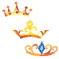 set of gold crown with rust. Watercolor of the crown of monarchy with blue ornaments and curlicues