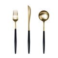 Set of gold cutlery isolated on white background, vector illustration. Realistic, 3D. Restaurant design, cafe. Royalty Free Stock Photo