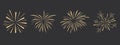 Set gold fireworks, firecrackers golden burst, rays festive doodle sparkle lights isolated on dark background Royalty Free Stock Photo