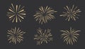 Set gold fireworks, firecrackers golden burst, rays festive doodle sparkle lights isolated on dark background Royalty Free Stock Photo