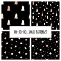 Set of gold foil seamless patterns with Christmas trees and stars for Christmas and New Year`s wrapping paper. Vector Royalty Free Stock Photo