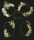 Set of gold frames with green and golden olive tree branches, hand drawn isolated illustrations