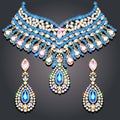 set of gold glittering choker necklace and earrings with precious stones