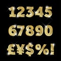 Set of gold glittering metal alphabet, numbers and currencies
