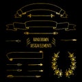 Set of gold handdrawn vintage elements. Ribbons, arrows, laurel wreath, page deviders. Hand drawn sketched, vector