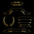 Set of gold handdrawn vintage elements. Ribbons, arrows, laurel wreath, page deviders. Vector illustration for bullet Royalty Free Stock Photo