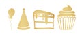 Set of gold icons for birthday, cake, cupcake, balloon isolated on white background. Bakery logo, sweet logo, gold logo Royalty Free Stock Photo