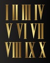 Set of gold, jewelry, isolated Steampunk Roman numerals with gears on black background.