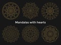 Set gold mandalas with hearts. Collection symmetric circular