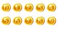 Set Gold Medal Coins Numbers from 0 to 9 symbols. Golden tokens for games, user interface asset elements. Vector Royalty Free Stock Photo