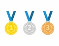 Set of gold medal, silver and bronze. Medals icons in flat style isolated on blue background. Medals Vector Royalty Free Stock Photo