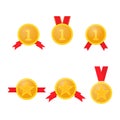 Set of gold medals with red ribbons on a white background. Royalty Free Stock Photo