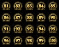 Set of gold numbers from 81 to 100 and the word of the year decorated with a circle of stars. Vector illustration.