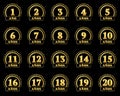 Set of gold numbers from 1 to 20 and the word of the year decorated with a circle of stars. Vector illustration. Translated from S
