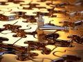 set of gold puzzles with a key. the concept of solving different problems with the help of an idea and the right choice. puzzle