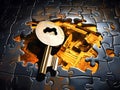 set of gold puzzles with a key. the concept of solving different problems with the help of an idea and the right choice. puzzle