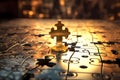 set of gold puzzles with a key. the concept of solving different problems with the help of an idea and the right choice. puzzle