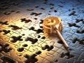 set of gold puzzles with a key. the concept of solving different problems with the help of an idea and the right choice. puzzle