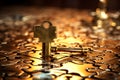 set of gold puzzles with a key. the concept of solving different problems with the help of an idea and the right choice. puzzle