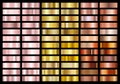 Set of gold rose, gold and copper foil texture gradation background. Metallic gradient swatches. Shiny Metal gradient