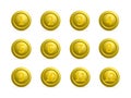 Set of gold round buttons with numbers from 1 to 12 with shadows. Golden buttons isolated on white. Numbered badges vector icons.