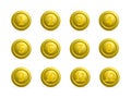 Set of gold round buttons with numbers from 1 to 12 with shadows. Golden buttons isolated on white. Numbered badges vector icons. Royalty Free Stock Photo